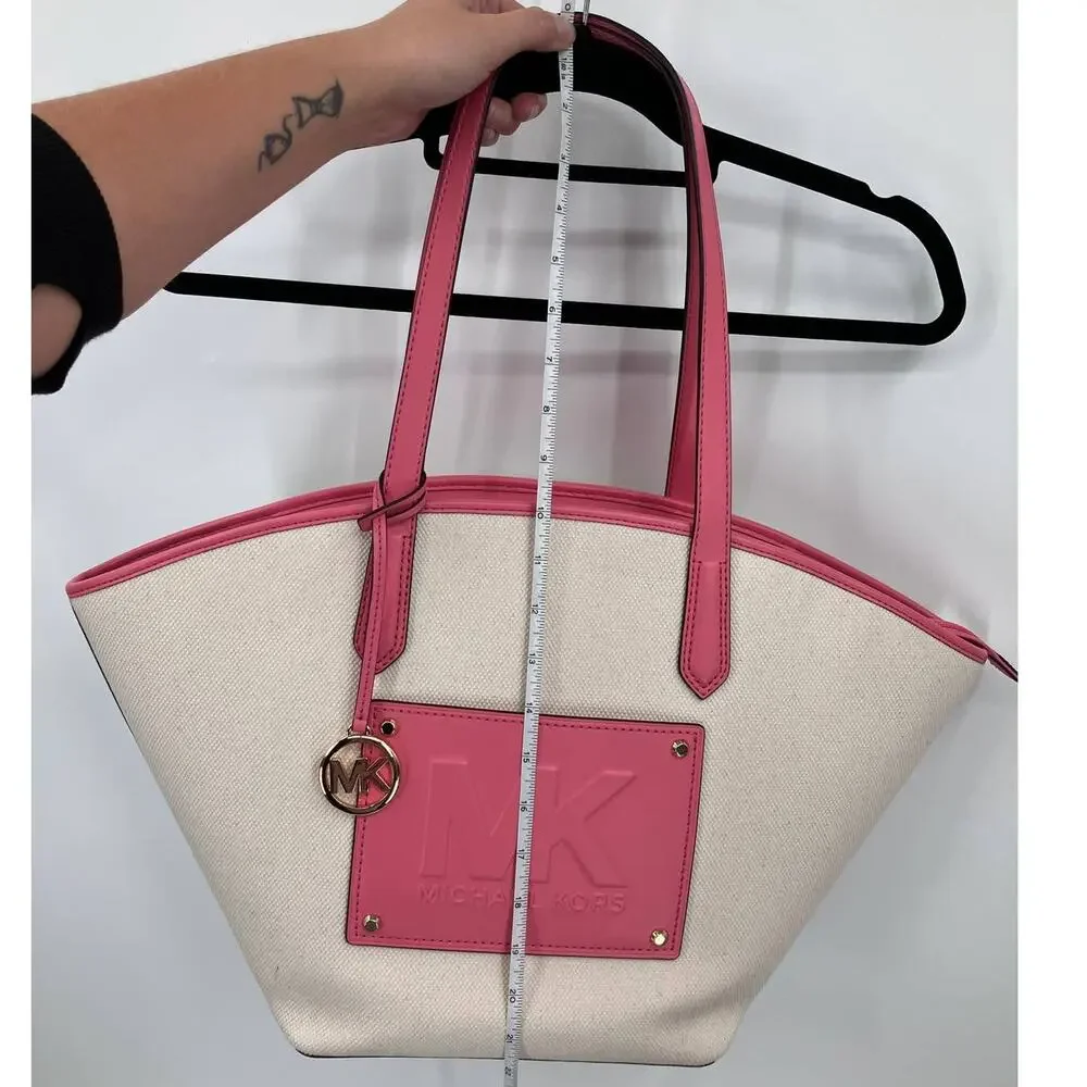 Michael Kors Cream White Pink Shoulder Kimber Large Cotton Canvas Tote Bag Purse